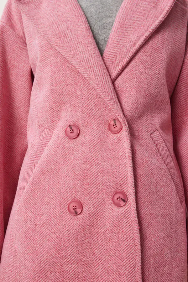 Woman Pink Crossover Collar Wool Coat DD01337-Pink - 7