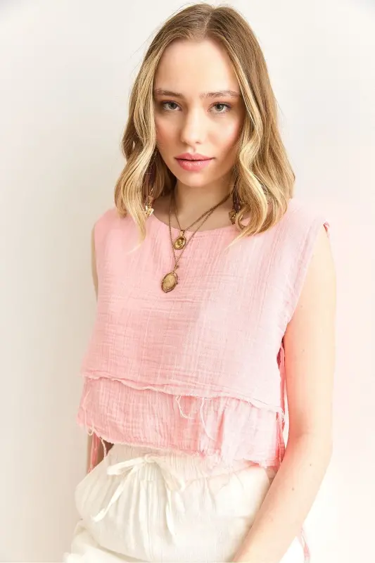 Woman Pink Double Layer Dirty Stitch Lace Up Detail Muslim - 4