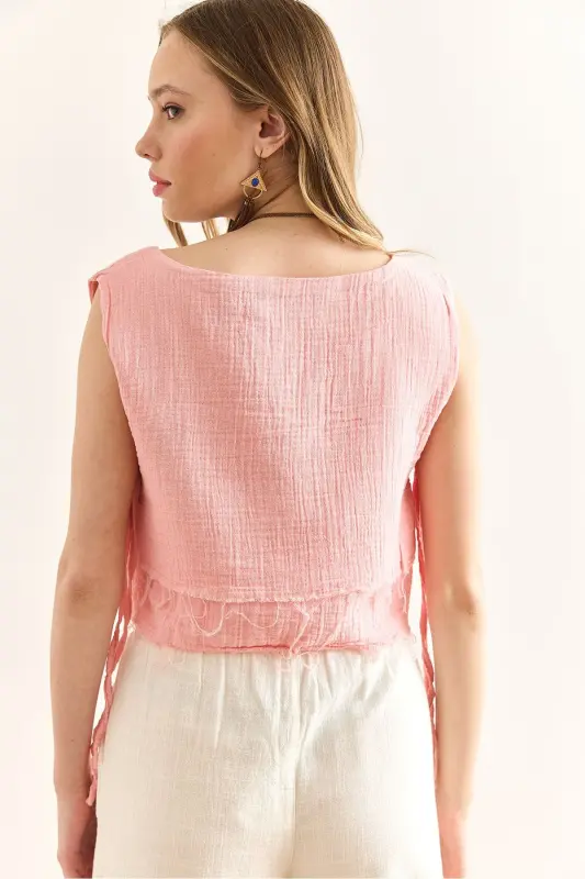 Woman Pink Double Layer Dirty Stitch Lace Up Detail Muslim - 5