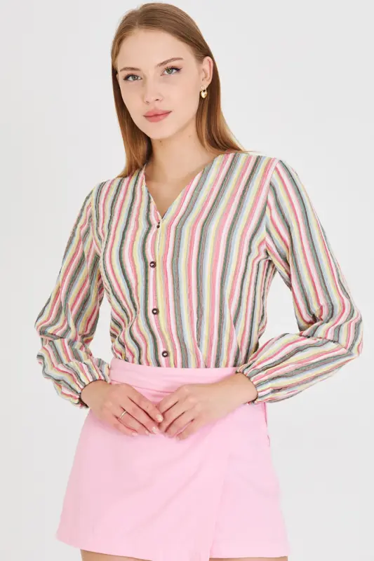 Woman Pink Elastic Sleeve Shirred Shirt ARM-24K001002-Pink - 2