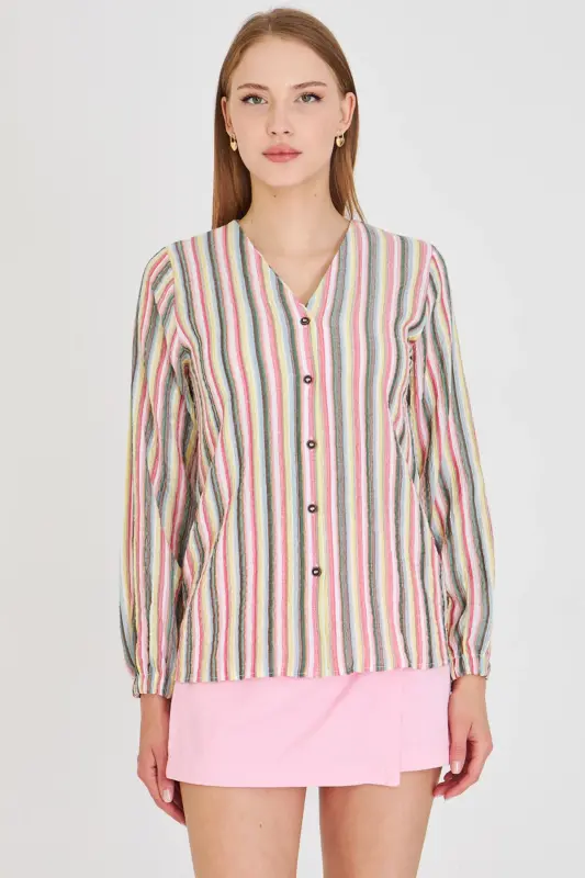 Woman Pink Elastic Sleeve Shirred Shirt ARM-24K001002-Pink - 4