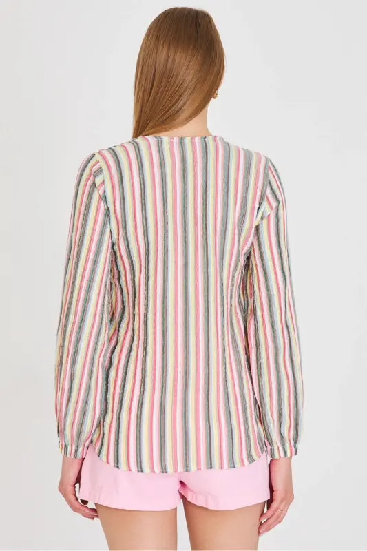 Woman Pink Elastic Sleeve Shirred Shirt ARM-24K001002-Pink - 7