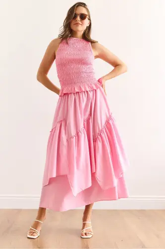 Woman Pink Elastic Waist Paneled Skirt ETK-1900033 - 1