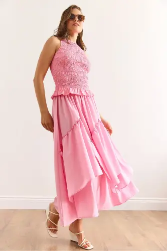 Woman Pink Elastic Waist Paneled Skirt ETK-1900033 - 2