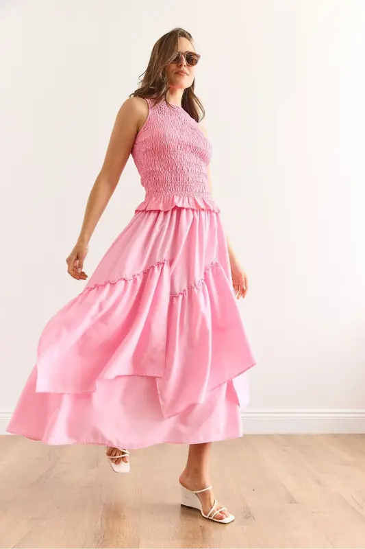 Woman Pink Elastic Waist Paneled Skirt ETK-1900033 - 3