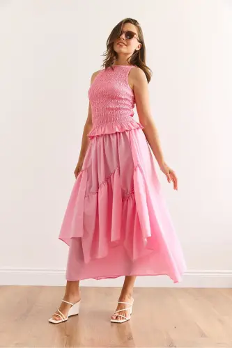 Woman Pink Elastic Waist Paneled Skirt ETK-1900033 - 4