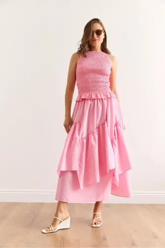 Woman Pink Elastic Waist Paneled Skirt ETK-1900033 - 6