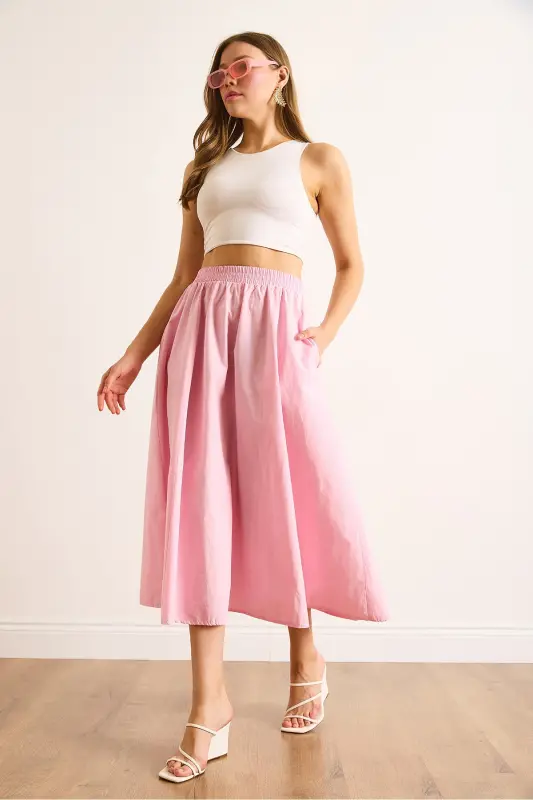 Woman Pink Elastic Waist Parachute Bell Skirt ETK-19000280-Pink - 4