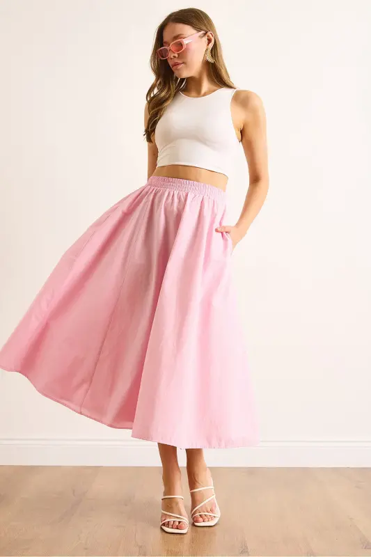 Woman Pink Elastic Waist Parachute Bell Skirt ETK-19000280-Pink - 5