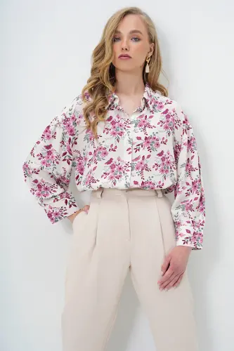 Woman Pink Floral Balloon Sleeve Patterned Printed Viscose Woven Shirt Alc-X9654-PINK FLORAL - 3