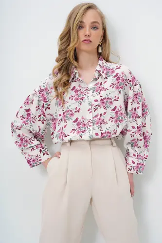 Woman Pink Floral Balloon Sleeve Patterned Printed Viscose Woven Shirt Alc-X9654-PINK FLORAL - 4