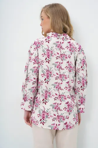 Woman Pink Floral Balloon Sleeve Patterned Printed Viscose Woven Shirt Alc-X9654-PINK FLORAL - 5