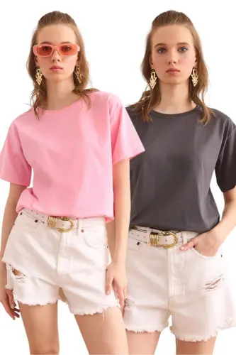 Woman Pink Gray 2-Piece Cotton Regular Fit T-Shirt TSH - 1