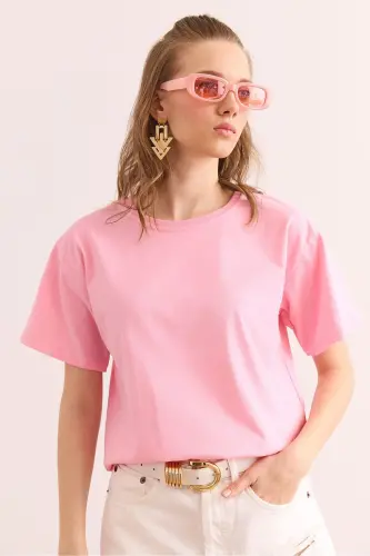 Woman Pink Gray 2-Piece Cotton Regular Fit T-Shirt TSH - OLALOOK (1)