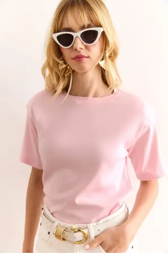 Woman Pink Padded Interlock Lycra Cotton T-shirt 