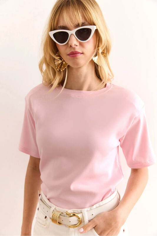 Woman Pink Padded Interlock Lycra Cotton T-shirt - 1