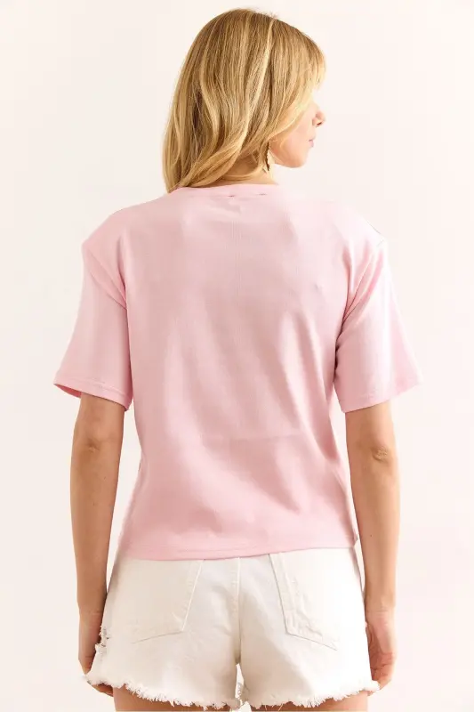 Woman Pink Padded Interlock Lycra Cotton T-shirt - 2