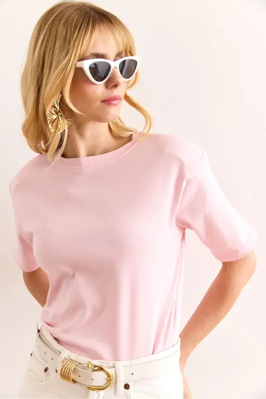 Woman Pink Padded Interlock Lycra Cotton T-shirt - 3