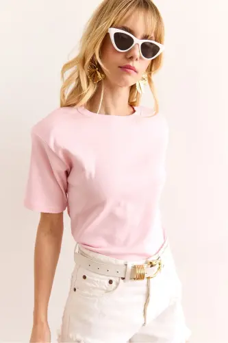 Woman Pink Padded Interlock Lycra Cotton T-shirt - 4