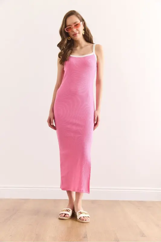 Woman Pink Piping Detailed Slit Maxi Ribbed E - 2