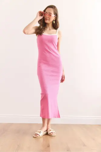 Woman Pink Piping Detailed Slit Maxi Ribbed E - 5