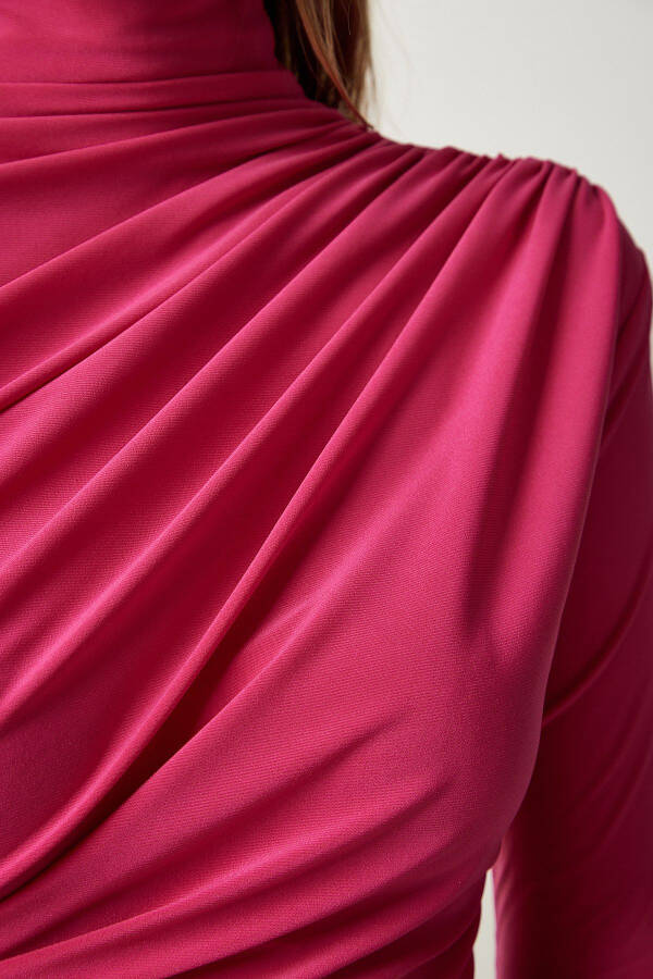 Woman Pink Pleated Detail Stand Collar Sandy Blouse FF00135 - 5