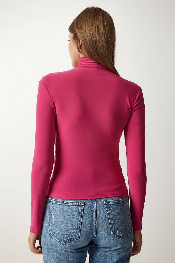 Woman Pink Pleated Detail Stand Collar Sandy Blouse FF00135 - 6