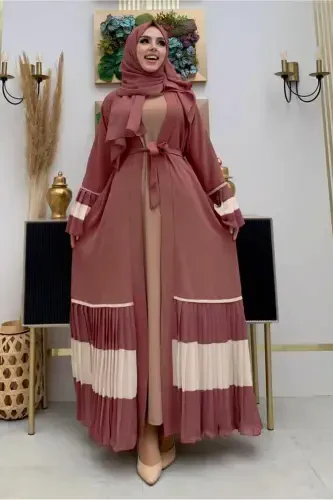 WOMAN PINK (ROSE POWDER) PLEATED DETAILED FLOUNCED ABAYA T 4547-PINK (ROSE POWDER) - TRENDTESETTÜR (1)