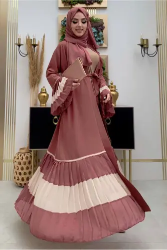 WOMAN PINK (ROSE POWDER) PLEATED DETAILED FLOUNCED ABAYA T 4547-PINK (ROSE POWDER) 