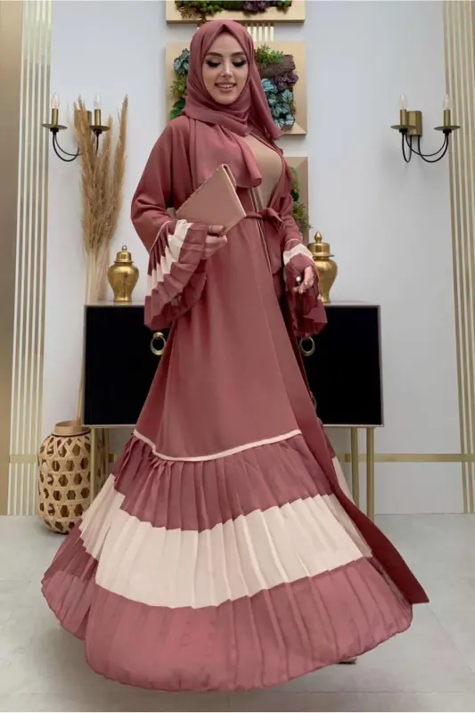 WOMAN PINK (ROSE POWDER) PLEATED DETAILED FLOUNCED ABAYA T 4547-PINK (ROSE POWDER) - 1