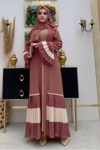 WOMAN PINK (ROSE POWDER) PLEATED DETAILED FLOUNCED ABAYA T 4547-PINK (ROSE POWDER) - 3