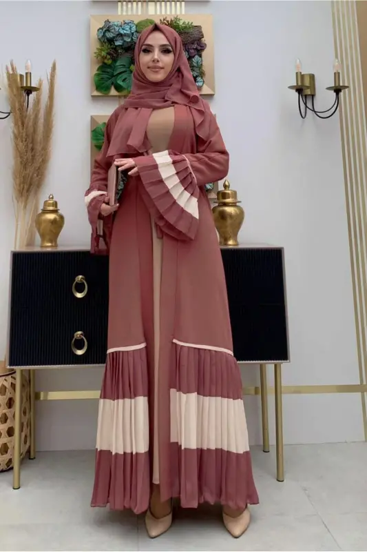 WOMAN PINK (ROSE POWDER) PLEATED DETAILED FLOUNCED ABAYA T 4547-PINK (ROSE POWDER) - 3