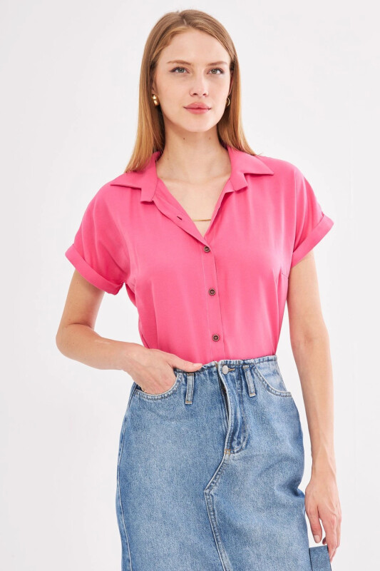 Woman Pink Short Sleeve Shirt ARM-19Y001065-Pink - 1