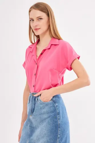 Woman Pink Short Sleeve Shirt ARM-19Y001065-Pink - 4