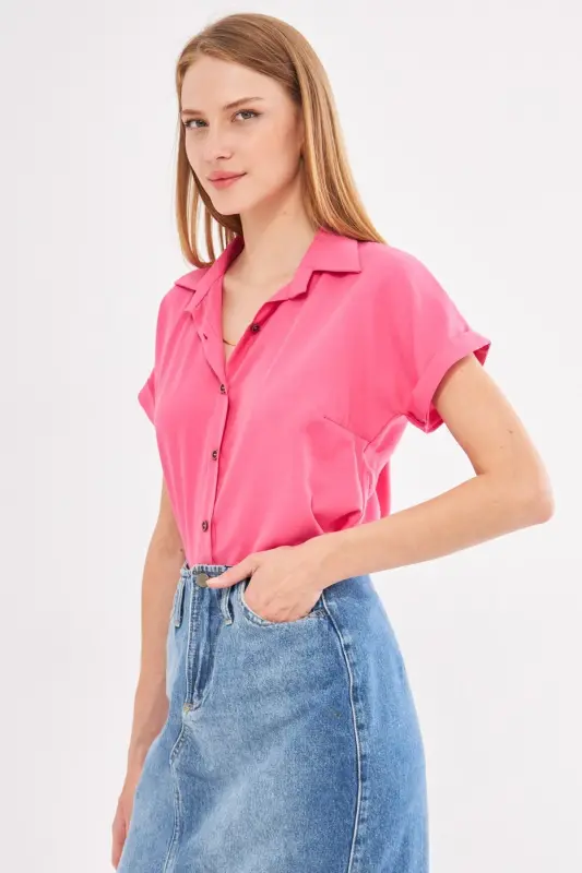 Woman Pink Short Sleeve Shirt ARM-19Y001065-Pink - 4