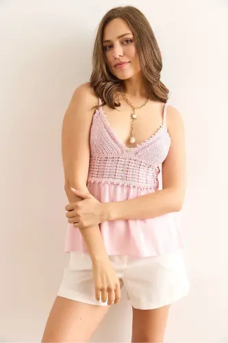 Woman Pink Top Knit Bottom Woven Strappy Viscose Blouse - 4