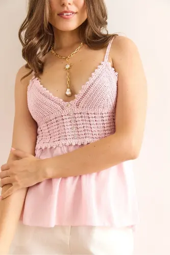 Woman Pink Top Knit Bottom Woven Strappy Viscose Blouse - 5