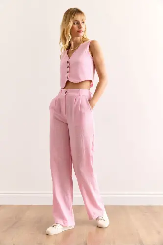 Woman Pink Top Vest Bottom Pocketed Trousers Linen Look - 2