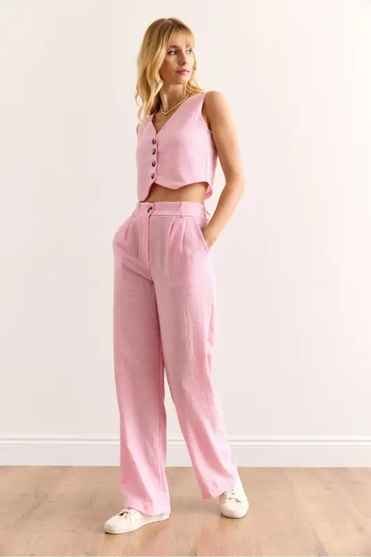 Woman Pink Top Vest Bottom Pocketed Trousers Linen Look - 2