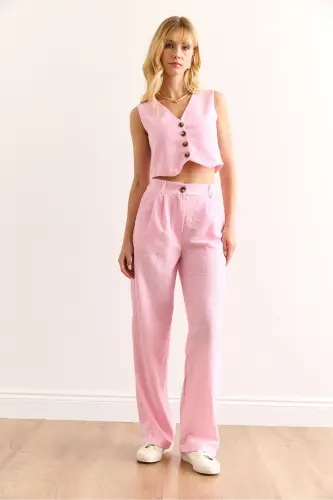 Woman Pink Top Vest Bottom Pocketed Trousers Linen Look - 4