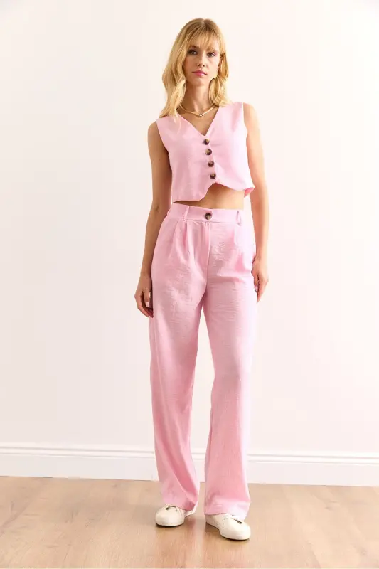 Woman Pink Top Vest Bottom Pocketed Trousers Linen Look - 4