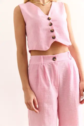 Woman Pink Top Vest Bottom Pocketed Trousers Linen Look - 5