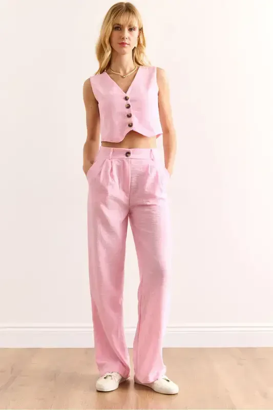 Woman Pink Top Vest Bottom Pocketed Trousers Linen Look - OLALOOK