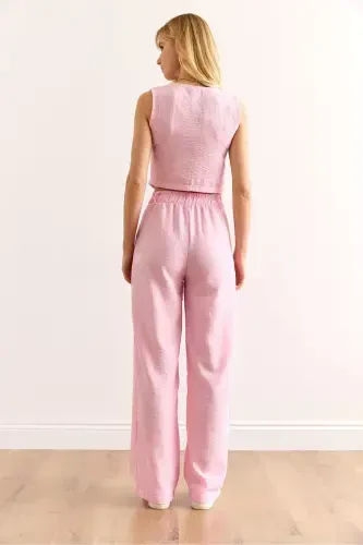 Woman Pink Top Vest Bottom Pocketed Trousers Linen Look - 6