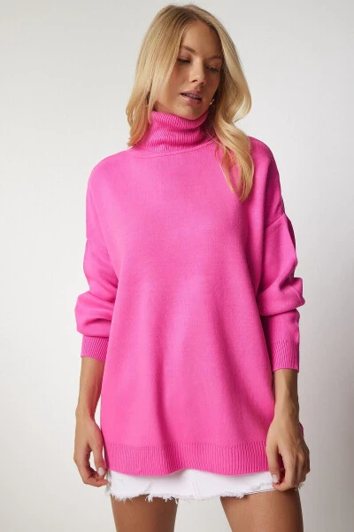Woman Pink Turtleneck Oversize Knitwear Sweater BV00 - HAPPINESS İSTANBUL