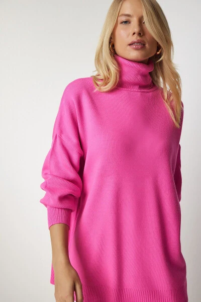 Woman Pink Turtleneck Oversize Knitwear Sweater BV00 - HAPPINESS İSTANBUL (1)