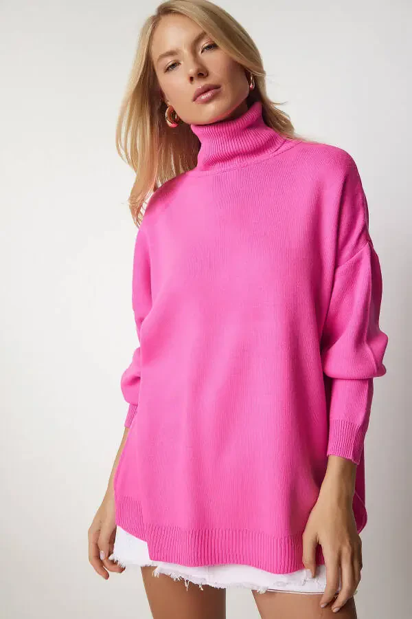 Woman Pink Turtleneck Oversize Knitwear Sweater BV00 - 3