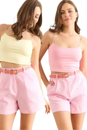 Woman Pink Yellow Spaghetti Strap Crop Top 2-Pack Blouse BL 