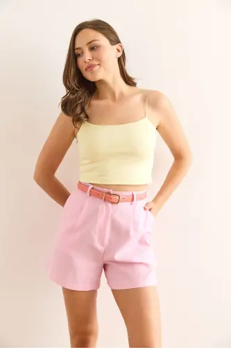 Woman Pink Yellow Spaghetti Strap Crop Top 2-Pack Blouse BL - 7