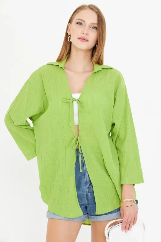 Woman Pistachio Green Shirt Collared Front Tie K - ARMONIKA